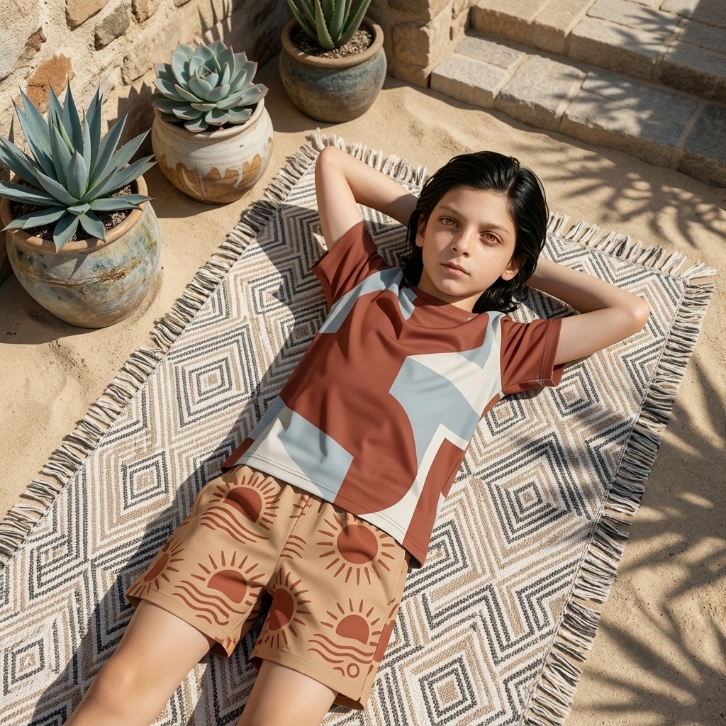 Flat lay, terracotta tee and sun-print shorts on woven rug
