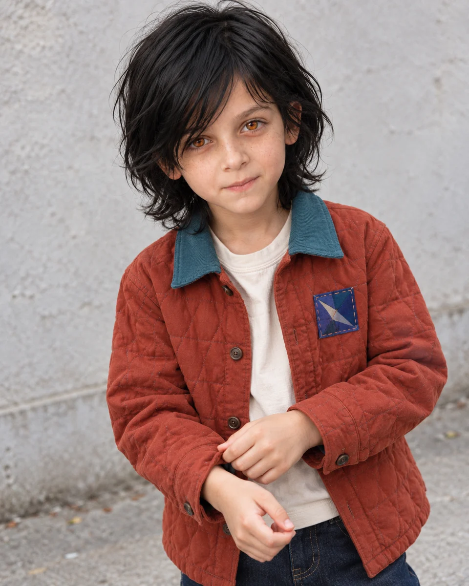Rust quilted jacket with teal collar and a hand-sewn blue geometric patch