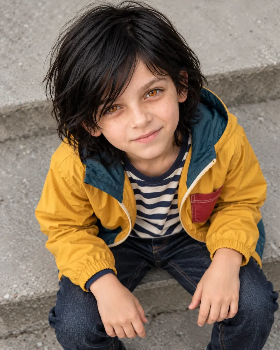 Golden yellow windbreaker with deep teal lining and a red patch pocket, photographed from above