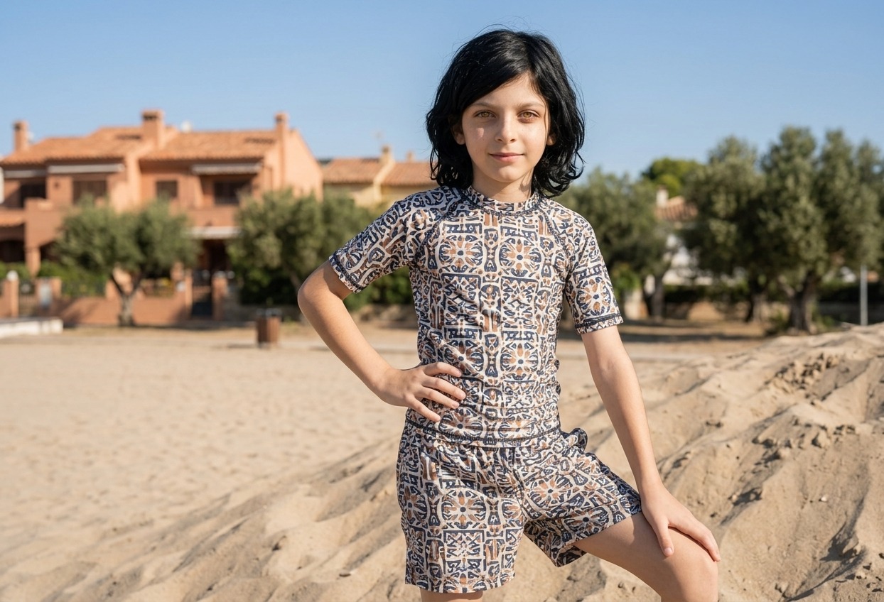 Sand dune, navy tile-print co-ord