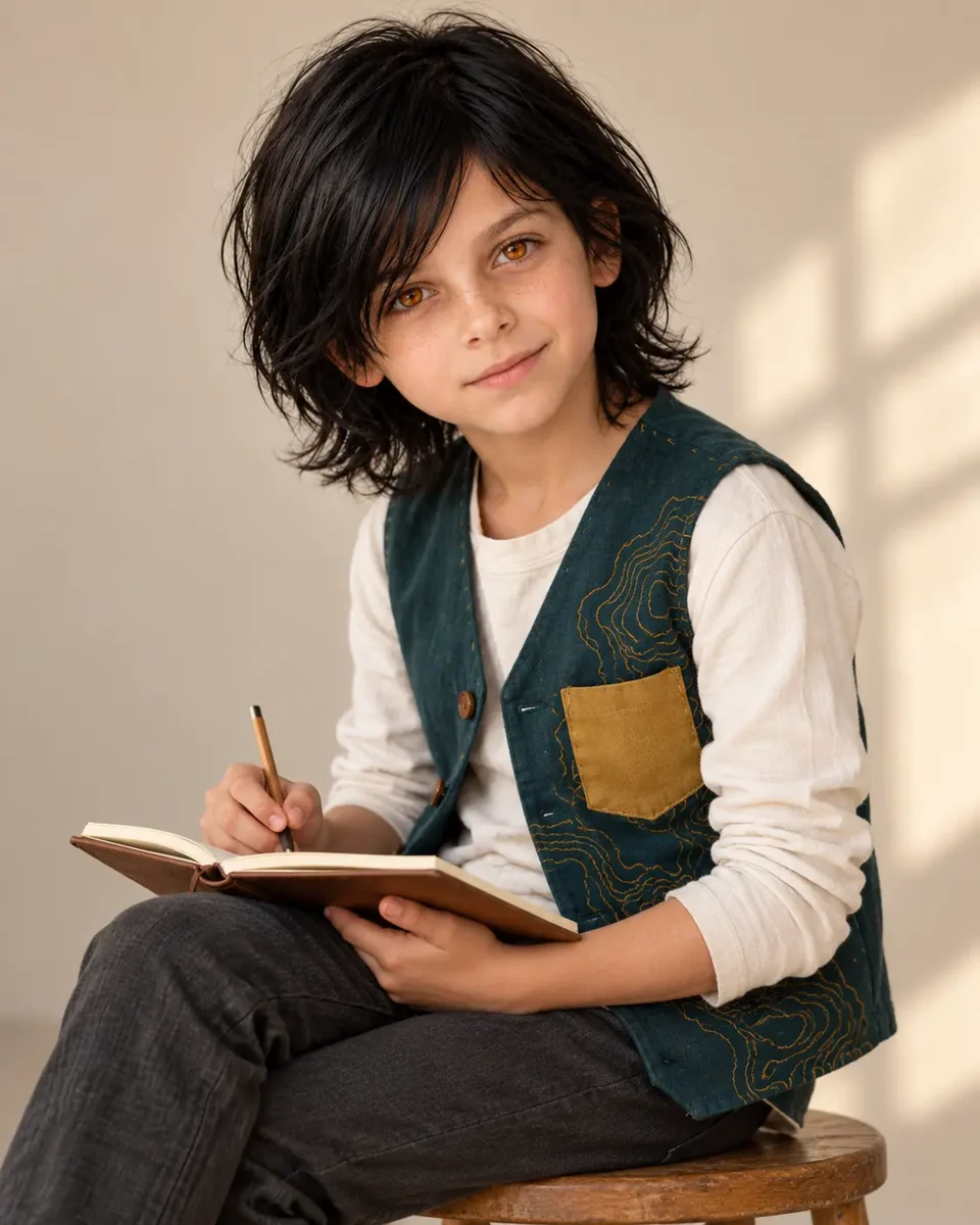 Staś pausing over a notebook in a custom teal vest with hand-stitched lines
